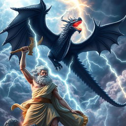 A high-definition (HD) artwork depicting a dramatic scene featuring Zeus, the Greek god of thunder, in a celestial setting