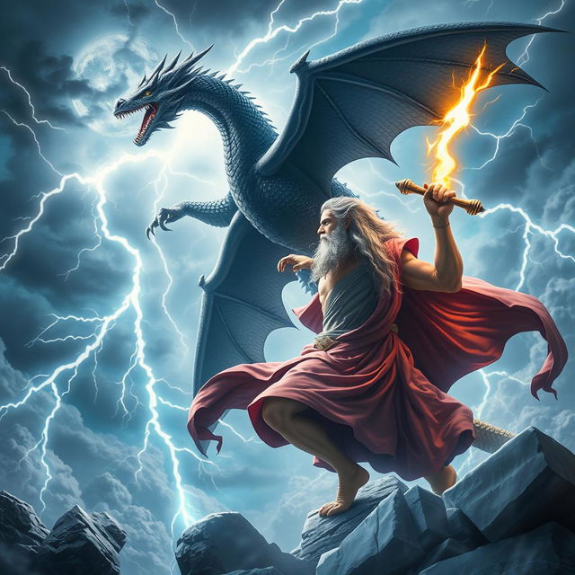 A high-definition (HD) artwork depicting a dramatic scene featuring Zeus, the Greek god of thunder, in a celestial setting