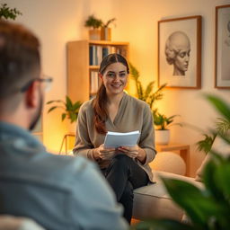 A therapy and counseling session in a cozy, warmly lit room