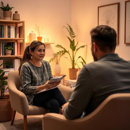 A therapy and counseling session in a cozy, warmly lit room