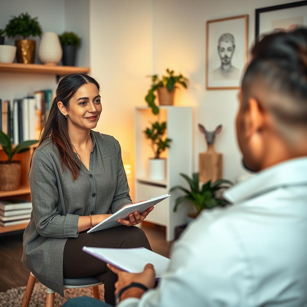 A therapy and counseling session in a cozy, warmly lit room