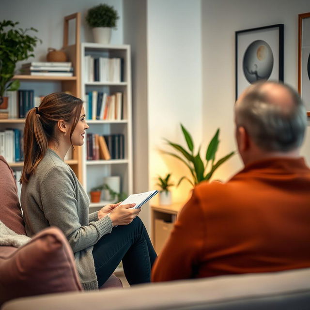 A therapy and counseling session in a cozy, warmly lit room