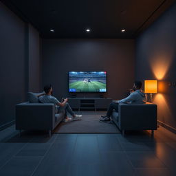 A scene depicting Egyptian youth sitting on a gray sofa, fully immersed in playing PlayStation 5 in a closed room