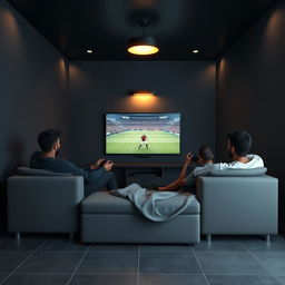 A scene depicting Egyptian youth sitting on a gray sofa, fully immersed in playing PlayStation 5 in a closed room