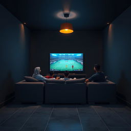 A scene depicting Egyptian youth sitting on a gray sofa, fully immersed in playing PlayStation 5 in a closed room