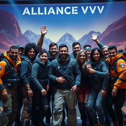 A celebration scene featuring a diverse group of men and women of various ethnicities, united together in a strong, supportive manner