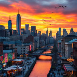 A vibrant cityscape during sunset, showcasing a skyline filled with modern skyscrapers and historic buildings