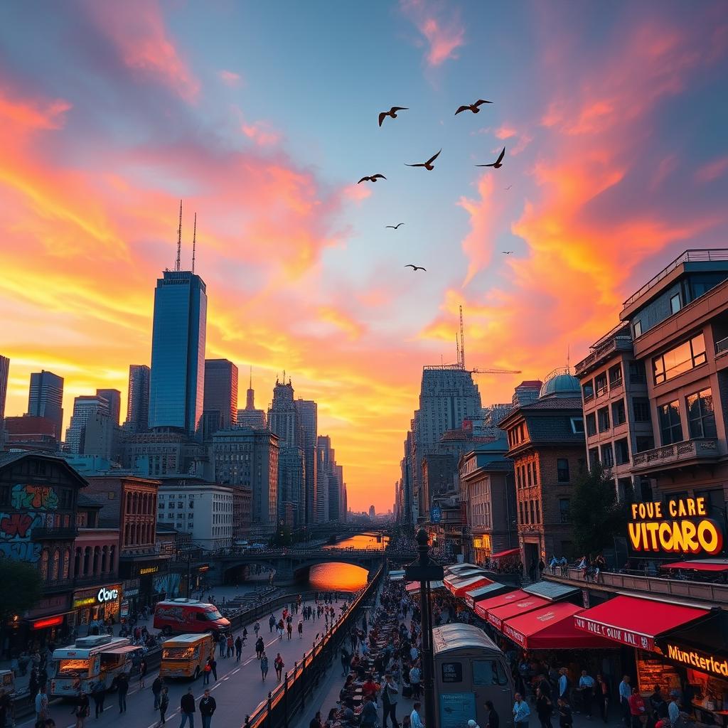 A vibrant cityscape during sunset, showcasing a skyline filled with modern skyscrapers and historic buildings