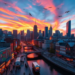 A vibrant cityscape during sunset, showcasing a skyline filled with modern skyscrapers and historic buildings