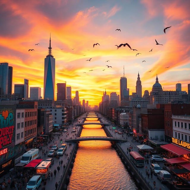 A vibrant cityscape during sunset, showcasing a skyline filled with modern skyscrapers and historic buildings