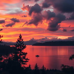 A stunning, cinematic sunset over a tranquil lake, with vibrant hues of orange, pink, and purple reflecting on the water's surface