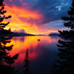 A stunning, cinematic sunset over a tranquil lake, with vibrant hues of orange, pink, and purple reflecting on the water's surface