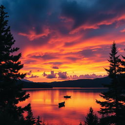 A stunning, cinematic sunset over a tranquil lake, with vibrant hues of orange, pink, and purple reflecting on the water's surface