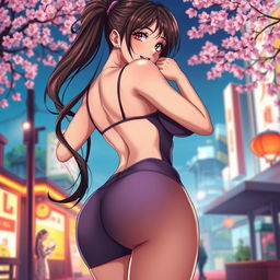 A sultry anime-style woman with large breasts and a curvy figure, showcasing her shapely backside while bending over slightly