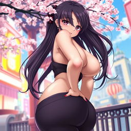 A sultry anime-style woman with large breasts and a curvy figure, showcasing her shapely backside while bending over slightly