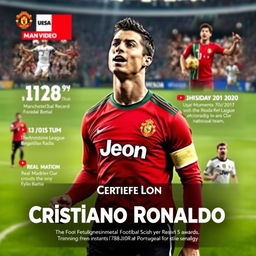 A dynamic video showcasing the achievements of Cristiano Ronaldo, featuring his incredible football skills, record-breaking goal-scoring moments, and significant trophies won throughout his career