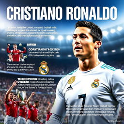 A dynamic video showcasing the achievements of Cristiano Ronaldo, featuring his incredible football skills, record-breaking goal-scoring moments, and significant trophies won throughout his career