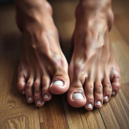 A close-up photo of realistic male feet, showcasing well-groomed nails and slightly textured skin