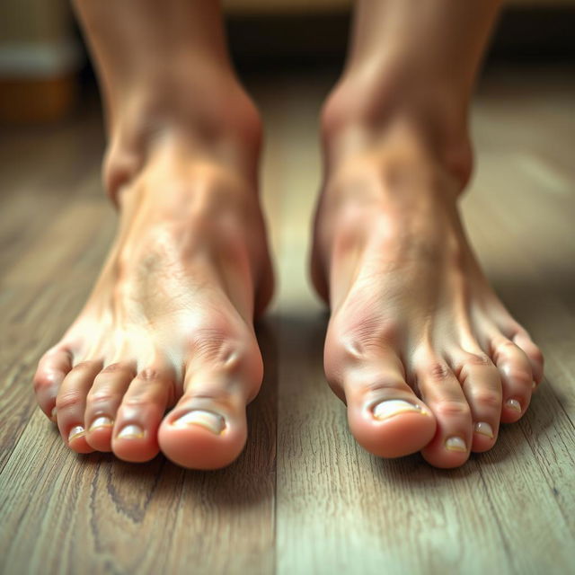 A close-up photo of realistic male feet, showcasing well-groomed nails and slightly textured skin