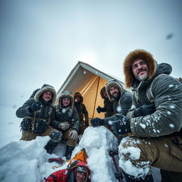 A powerful image depicting the theme of survival during a whiteout, showcasing a diverse group of men and women united in their efforts to overcome harsh weather challenges