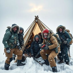 A powerful image depicting the theme of survival during a whiteout, showcasing a diverse group of men and women united in their efforts to overcome harsh weather challenges