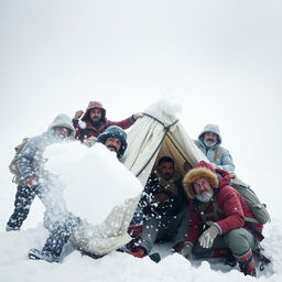 A powerful image depicting the theme of survival during a whiteout, showcasing a diverse group of men and women united in their efforts to overcome harsh weather challenges
