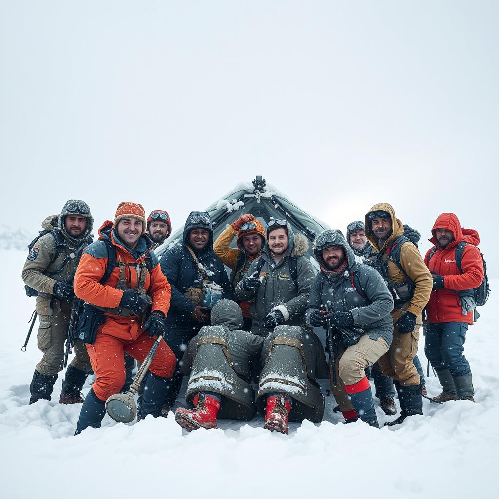 A powerful image depicting the theme of survival during a whiteout, showcasing a diverse group of men and women united in their efforts to overcome harsh weather challenges