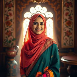 A beautiful Hindu woman wearing a stylish hijab, standing gracefully in an elegantly decorated traditional setting