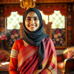 A beautiful Hindu woman wearing a stylish hijab, standing gracefully in an elegantly decorated traditional setting