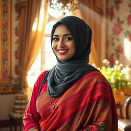 A beautiful Hindu woman wearing a stylish hijab, standing gracefully in an elegantly decorated traditional setting