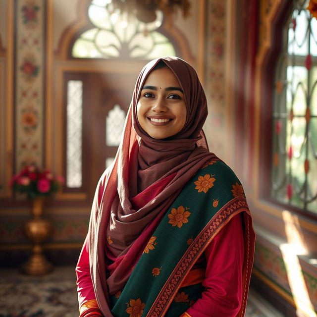 A beautiful Hindu woman wearing a stylish hijab, standing gracefully in an elegantly decorated traditional setting