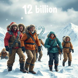 A dynamic scene illustrating the theme of survival in extreme conditions, featuring men and women working together harmoniously
