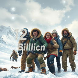 A dynamic scene illustrating the theme of survival in extreme conditions, featuring men and women working together harmoniously