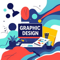 A vibrant and creative graphic design composition showcasing modern elements, abstract shapes, and bold colors