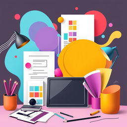 A vibrant and creative graphic design composition showcasing modern elements, abstract shapes, and bold colors