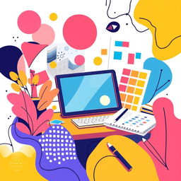 A vibrant and creative graphic design composition showcasing modern elements, abstract shapes, and bold colors