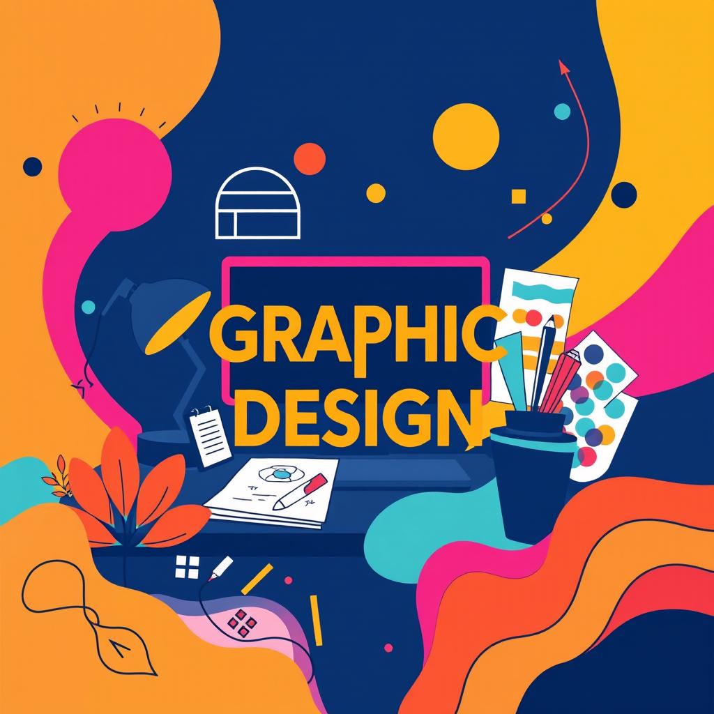 A vibrant and creative graphic design composition showcasing modern elements, abstract shapes, and bold colors