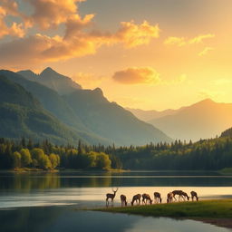 A serene landscape featuring a peaceful lake surrounded by lush green forests, with a majestic mountain range in the background