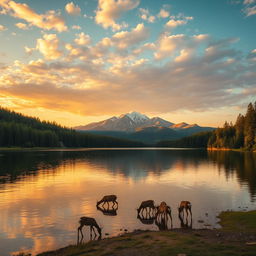 A serene landscape featuring a peaceful lake surrounded by lush green forests, with a majestic mountain range in the background