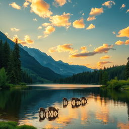 A serene landscape featuring a peaceful lake surrounded by lush green forests, with a majestic mountain range in the background