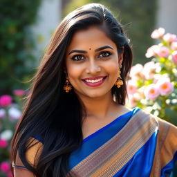 A portrait of a beautiful Indian woman named Anikha Surendran, with long flowing black hair, wearing a vibrant traditional saree in rich colors such as deep blue and gold