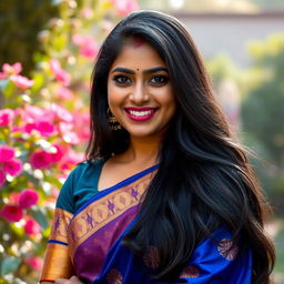 A portrait of a beautiful Indian woman named Anikha Surendran, with long flowing black hair, wearing a vibrant traditional saree in rich colors such as deep blue and gold