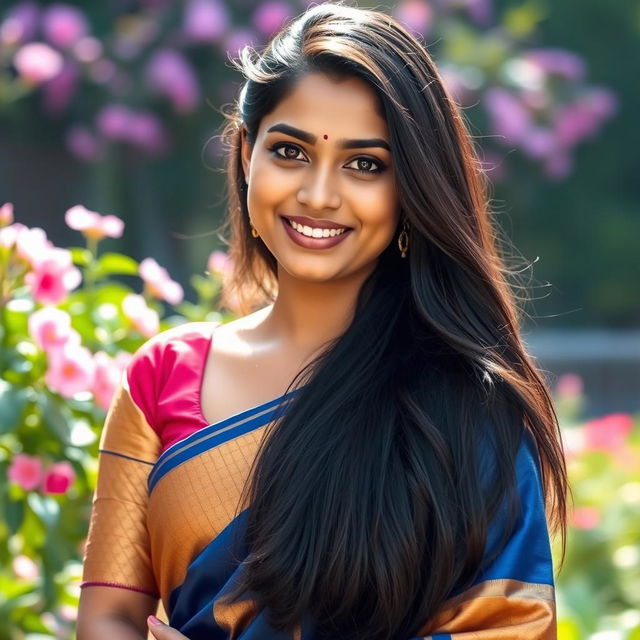 A portrait of a beautiful Indian woman named Anikha Surendran, with long flowing black hair, wearing a vibrant traditional saree in rich colors such as deep blue and gold