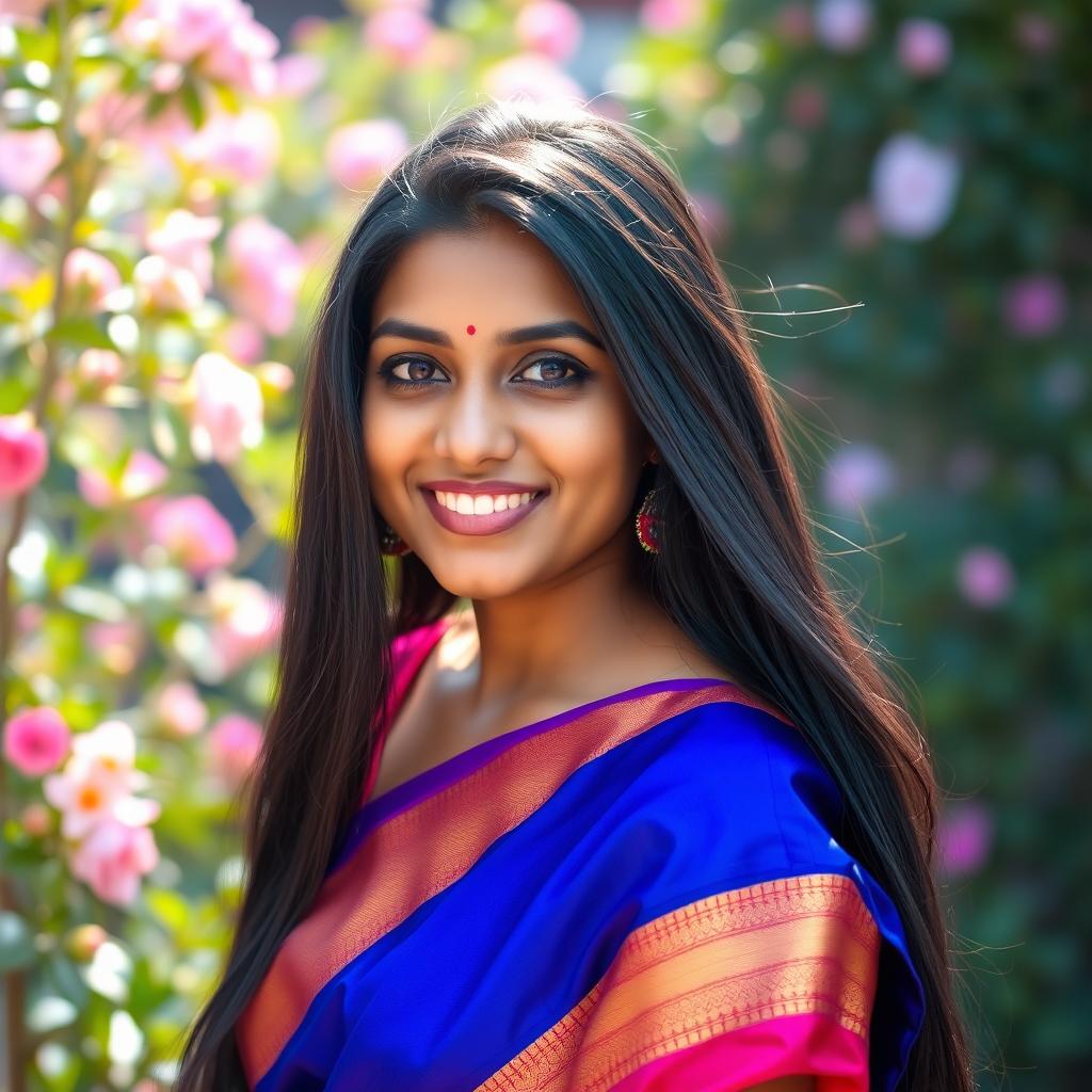 A portrait of a beautiful Indian woman named Anikha Surendran, with long flowing black hair, wearing a vibrant traditional saree in rich colors such as deep blue and gold