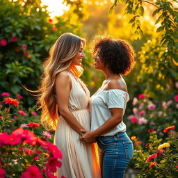 A romantic scene featuring two beautiful women in a lush garden, surrounded by vibrant flowers and green foliage
