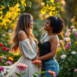 A romantic scene featuring two beautiful women in a lush garden, surrounded by vibrant flowers and green foliage