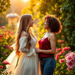 A romantic scene featuring two beautiful women in a lush garden, surrounded by vibrant flowers and green foliage