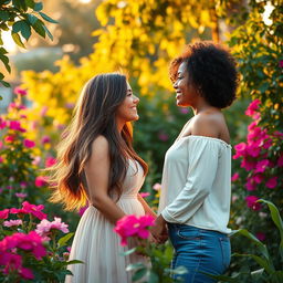 A romantic scene featuring two beautiful women in a lush garden, surrounded by vibrant flowers and green foliage