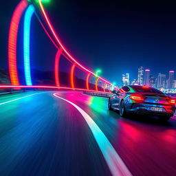 A vibrant night scene featuring a winding road illuminated by colorful neon lights, creating a captivating atmosphere