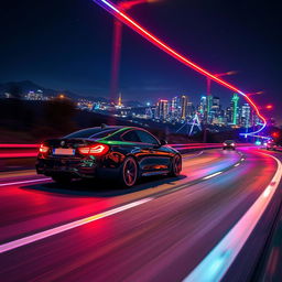 A vibrant night scene featuring a winding road illuminated by colorful neon lights, creating a captivating atmosphere